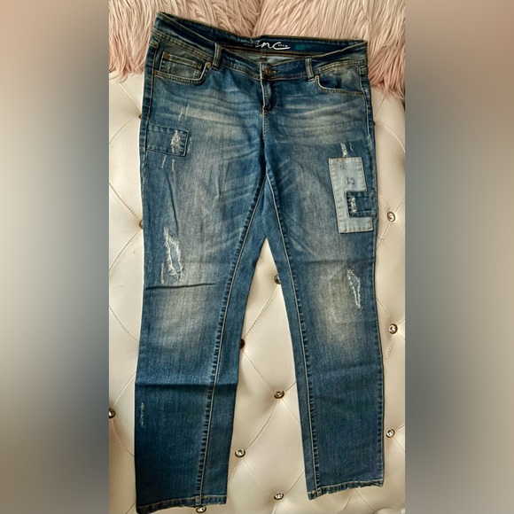 INC International Concepts Blue Medium Wash Patchwork Skinny Jeans Size 16 - Picture 5 of 8